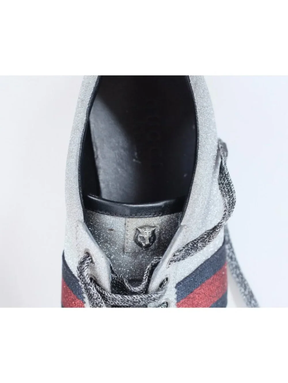 GUCCI Ace Glitter Trainers Sneakers 9.5 D Silver Web